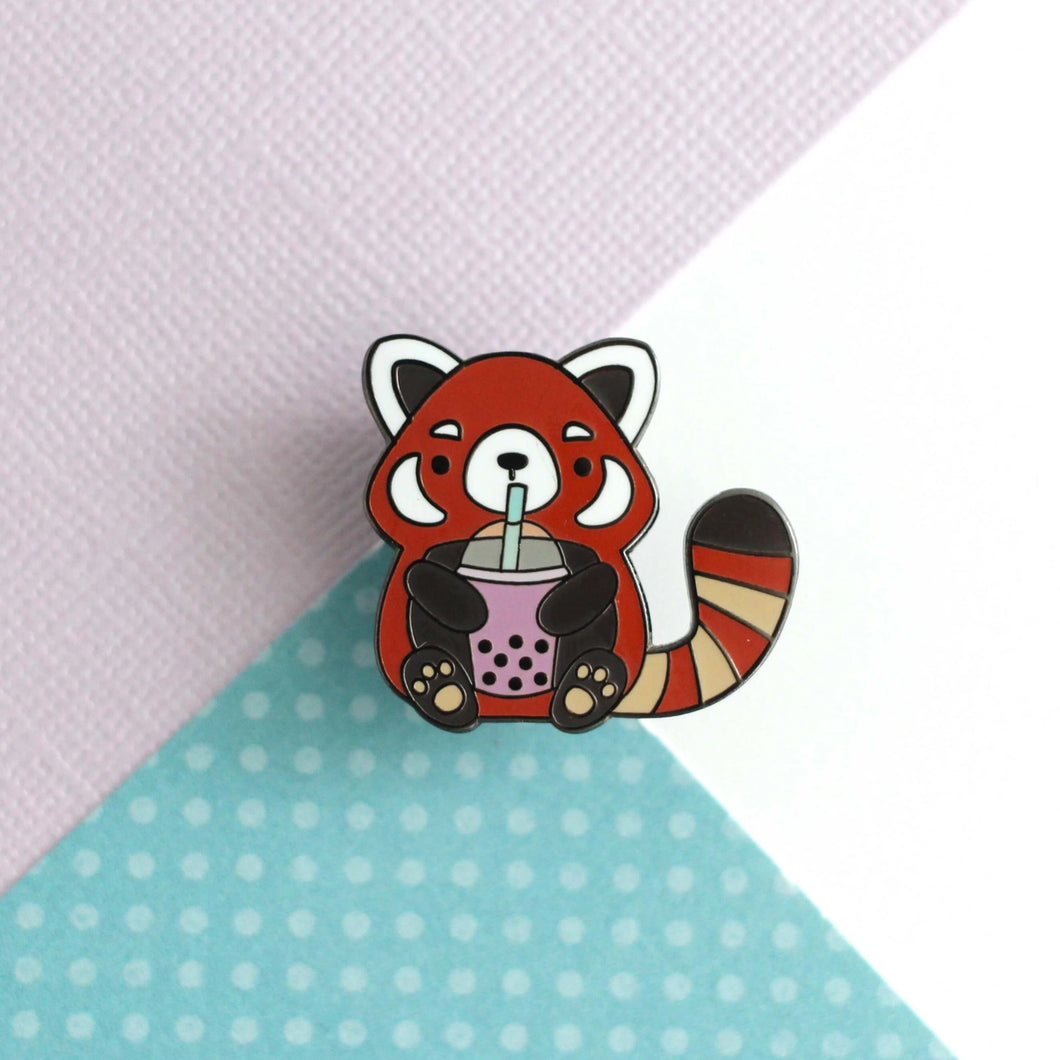 Red Panda Drinking Bubble Tea Enamel Pin